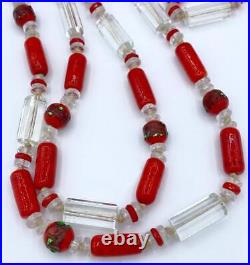 Antique Art Deco Red & Clear Glass Beaded Lariat Length Necklace 57