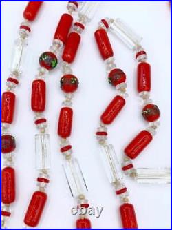 Antique Art Deco Red & Clear Glass Beaded Lariat Length Necklace 57