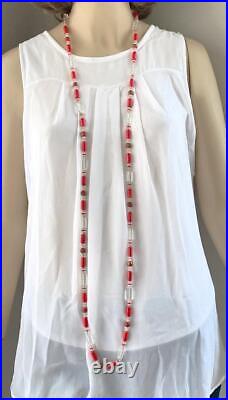 Antique Art Deco Red & Clear Glass Beaded Lariat Length Necklace 57