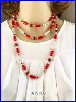 Antique Art Deco Red & Clear Glass Beaded Lariat Length Necklace 57