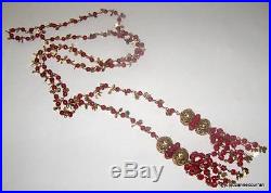 Antique Art Deco Red Czech Glass with Gold Plate Dangles Lariat Sautoir Necklace