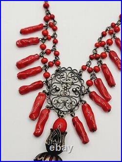 Antique Art Deco Red Molded Glass Dangle Silver Tone Filigree Necklace 16in