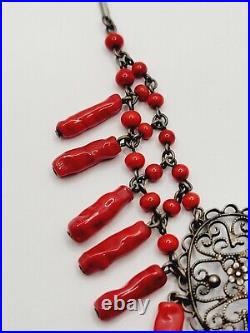 Antique Art Deco Red Molded Glass Dangle Silver Tone Filigree Necklace 16in