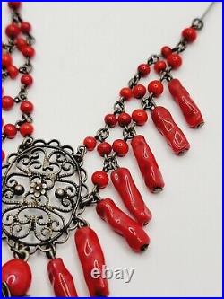 Antique Art Deco Red Molded Glass Dangle Silver Tone Filigree Necklace 16in