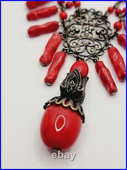 Antique Art Deco Red Molded Glass Dangle Silver Tone Filigree Necklace 16in