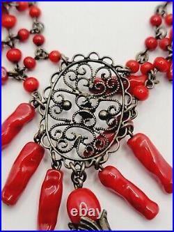 Antique Art Deco Red Molded Glass Dangle Silver Tone Filigree Necklace 16in