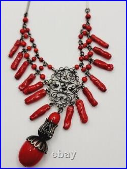 Antique Art Deco Red Molded Glass Dangle Silver Tone Filigree Necklace 16in