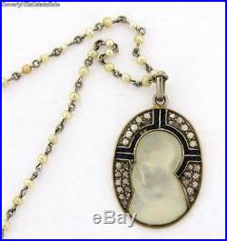 Antique Art Deco Religious Platinum Gold Diamond Sapphires Mother Pearl Necklace