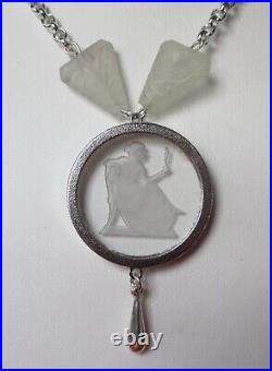 Antique Art-Deco Reverse Etched Glass Pendant Necklace/Boho/Shabby Chic
