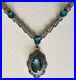 Antique Art Deco Rhodium Plated Aquamarine Glass Filigree OVAL Pendant Necklace
