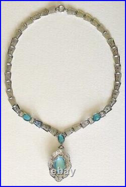 Antique Art Deco Rhodium Plated Aquamarine Glass Filigree OVAL Pendant Necklace
