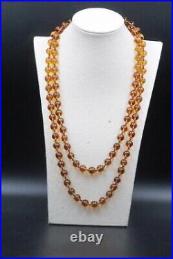 Antique Art Deco Round Amber Glass Beads Hand Knotted Flapper Necklace
