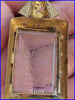 Antique Art Deco Signed Czech Gold Gilt Brass Etched Art Glass Coral Necklace C8