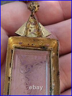 Antique Art Deco Signed Czech Gold Gilt Brass Etched Art Glass Coral Necklace C8