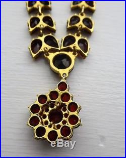 Antique Art Deco Silver Gilt Czech Garnet Drop Necklace