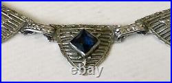 Antique Art Deco Silver Rhodium Filigree Blue Sapphire Glass Stone Link Necklace