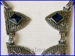 Antique Art Deco Silver Rhodium Filigree Blue Sapphire Glass Stone Link Necklace