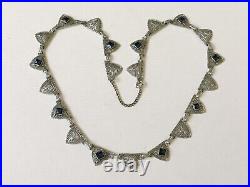 Antique Art Deco Silver Rhodium Filigree Blue Sapphire Glass Stone Link Necklace