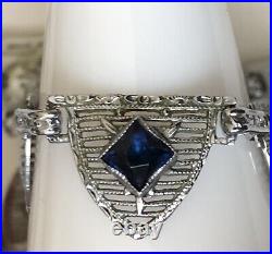 Antique Art Deco Silver Rhodium Filigree Blue Sapphire Glass Stone Link Necklace