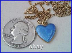 Antique Art Deco Solid 14k Gold Blue Guilloche Enamel Heart Pendant Necklace