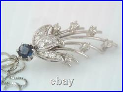 Antique Art Deco Solid 14k White Gold Diamond & Blue Sapphire Pendant Necklace