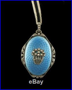 Antique Art Deco Sterling Blue Guilloche Enamel Austria Pendant Necklace 24