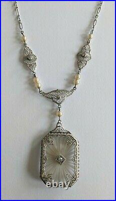 Antique Art Deco Sterling Filigree Camphor Pearl Drop Necklace