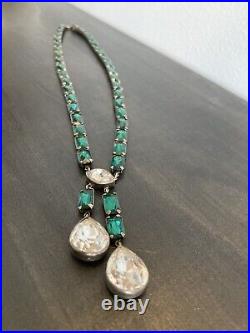 Antique Art Deco Sterling Rhinestone Lavaliere, Emerald Cut With Dangling Pears