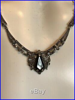 Antique Art Deco Sterling SILVER Red Garnet Marcasite NECKLACE Mint Cond 24g