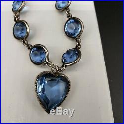 Antique Art Deco Sterling Silver Bezel Set Blue Paste Rhinestone Heart Necklace