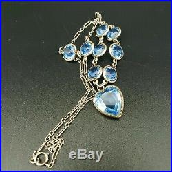 Antique Art Deco Sterling Silver Bezel Set Blue Paste Rhinestone Heart Necklace
