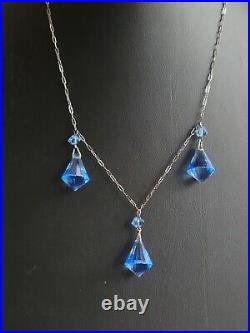 Antique Art Deco Sterling Silver Blue Faceted Crystal Necklace Paperclip Chain