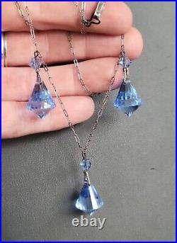 Antique Art Deco Sterling Silver Blue Faceted Crystal Necklace Paperclip Chain
