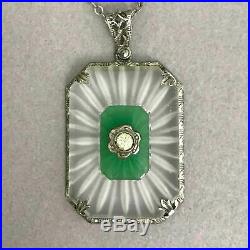 Antique Art Deco Sterling Silver Camphor Glass Pendant Necklace