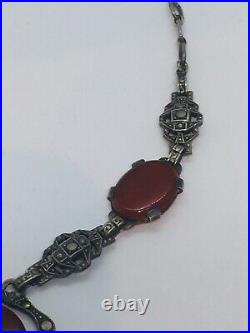 Antique Art Deco Sterling Silver Carnelian & Marcasite Necklace