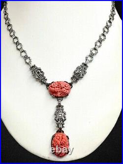 Antique Art Deco Sterling Silver Coral Molded Glass Cabochon Marcasite Necklace