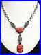 Antique Art Deco Sterling Silver Coral Molded Glass Cabochon Marcasite Necklace