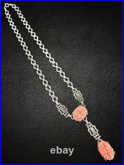 Antique Art Deco Sterling Silver Coral Molded Glass Cabochon Marcasite Necklace