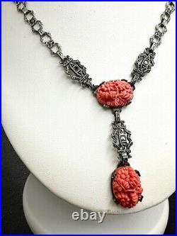 Antique Art Deco Sterling Silver Coral Molded Glass Cabochon Marcasite Necklace