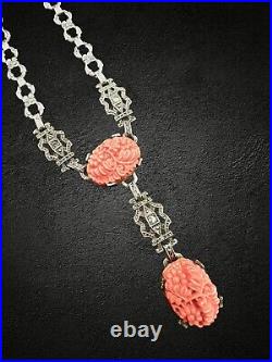 Antique Art Deco Sterling Silver Coral Molded Glass Cabochon Marcasite Necklace