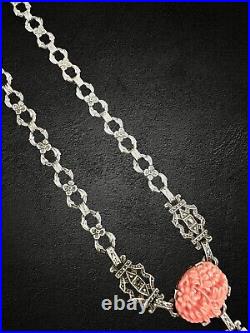 Antique Art Deco Sterling Silver Coral Molded Glass Cabochon Marcasite Necklace