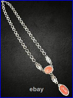 Antique Art Deco Sterling Silver Coral Molded Glass Cabochon Marcasite Necklace