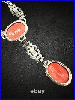 Antique Art Deco Sterling Silver Coral Molded Glass Cabochon Marcasite Necklace