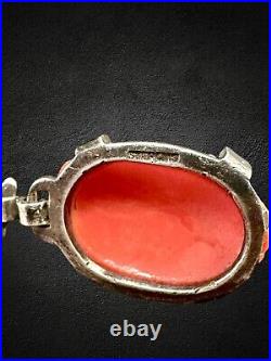 Antique Art Deco Sterling Silver Coral Molded Glass Cabochon Marcasite Necklace