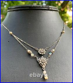 Antique Art Deco Sterling Silver Crystal Paste Pearl Tassel Necklace 18
