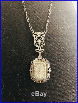 Antique Art Deco Sterling Silver Diamond Pendant Camphor Glass Necklace 24