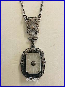 Antique Art Deco Sterling Silver Diamond Pendant Camphor Glass Necklace 24