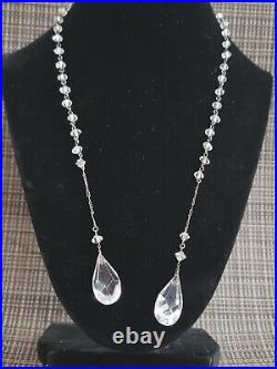 Antique Art Deco Sterling Silver Faceted Lariat Crystal Necklace Paperclip Chain