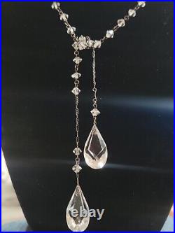 Antique Art Deco Sterling Silver Faceted Lariat Crystal Necklace Paperclip Chain