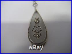 Antique Art Deco Sterling Silver Frosted Glass Crystal Pendant Necklace with chain